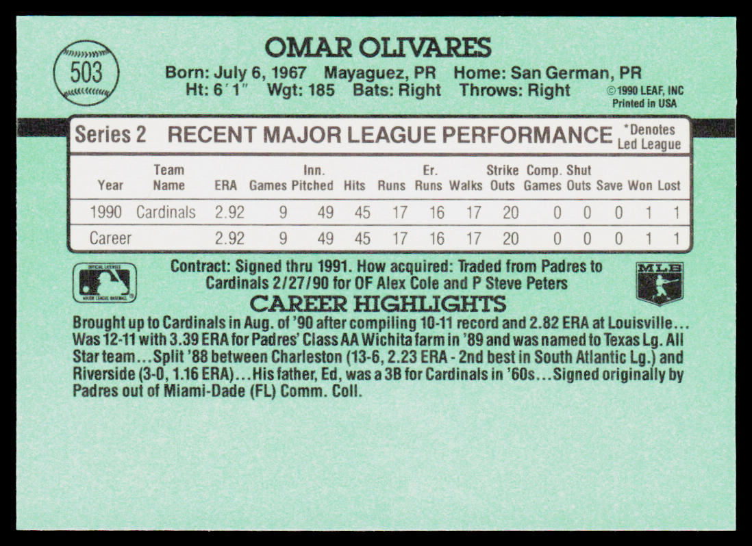 Omar Olivares 1991 Donruss #503b RC St. Louis Cardinals