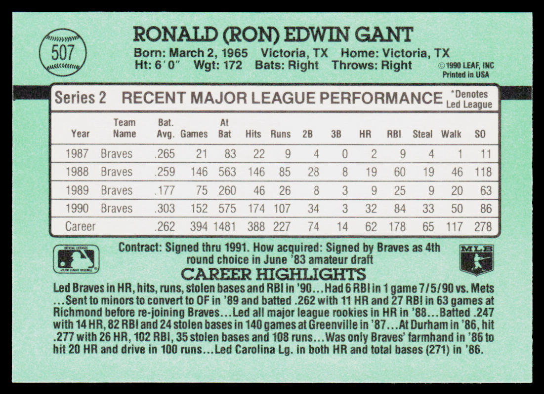 Ron Gant 1991 Donruss #507b Atlanta Braves