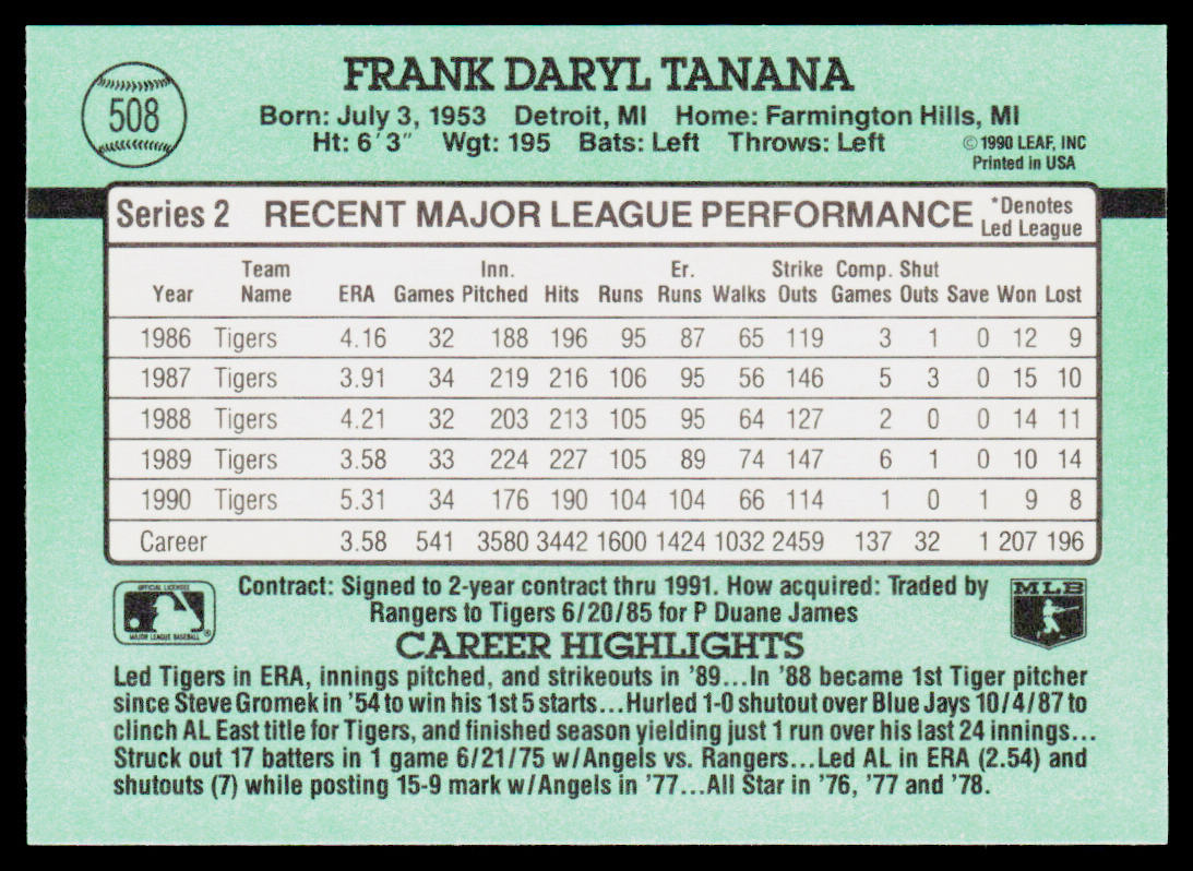 Frank Tanana 1991 Donruss #508 Detroit Tigers