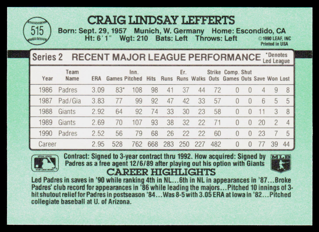 Craig Lefferts 1991 Donruss #515b San Diego Padres