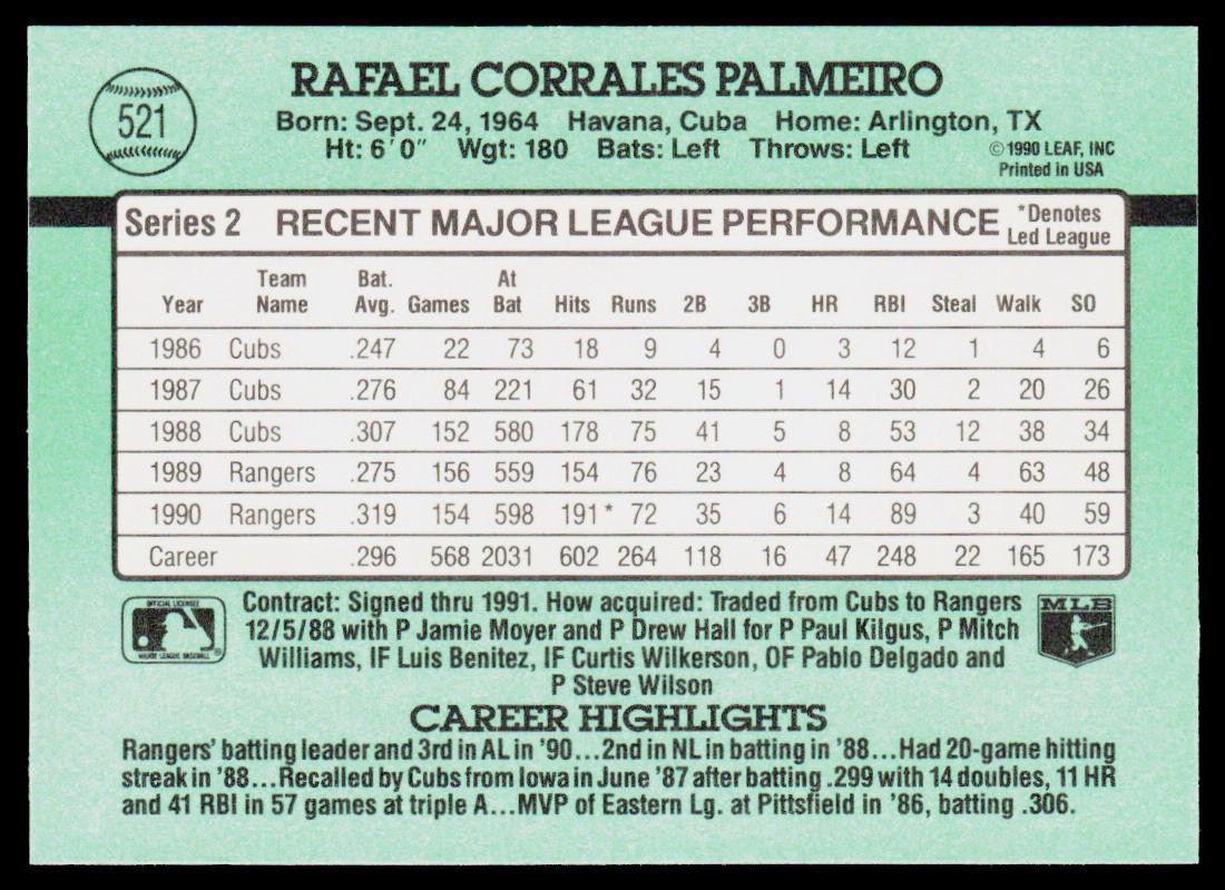 Rafael Palmeiro 1991 Donruss #521b Texas Rangers