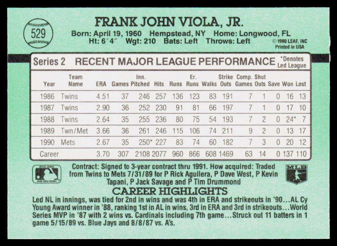 Frank Viola 1991 Donruss #529b New York Mets