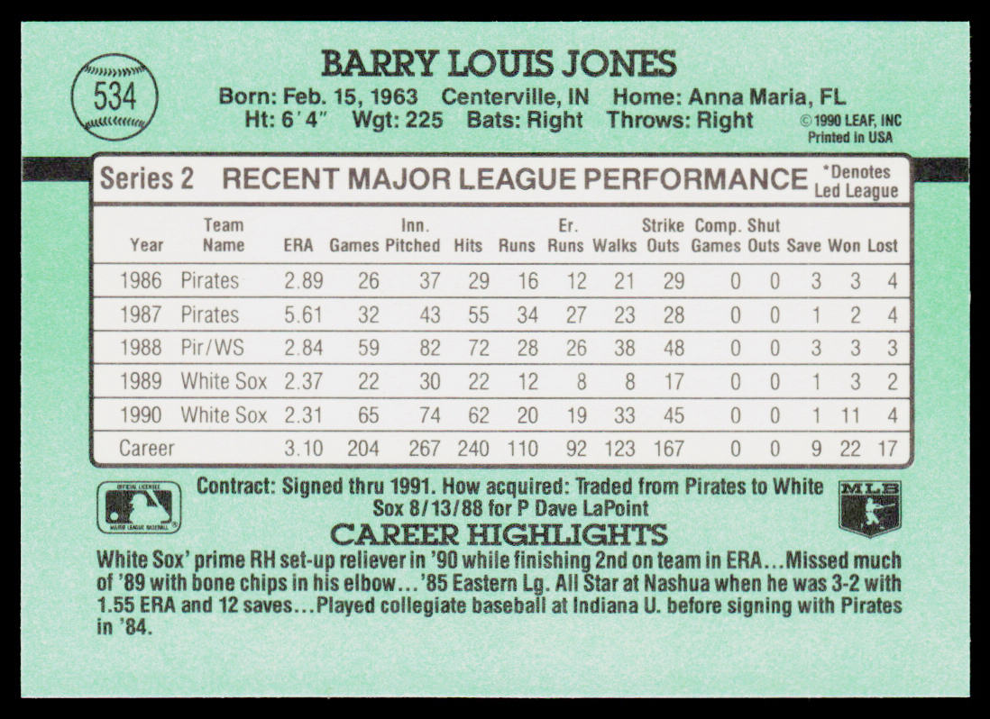 Barry Jones 1991 Donruss #534b Chicago White Sox