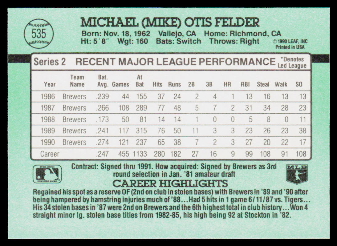 Mike Felder 1991 Donruss #535 Milwaukee Brewers