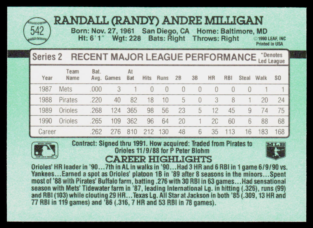 Randy Milligan 1991 Donruss #542c Baltimore Orioles
