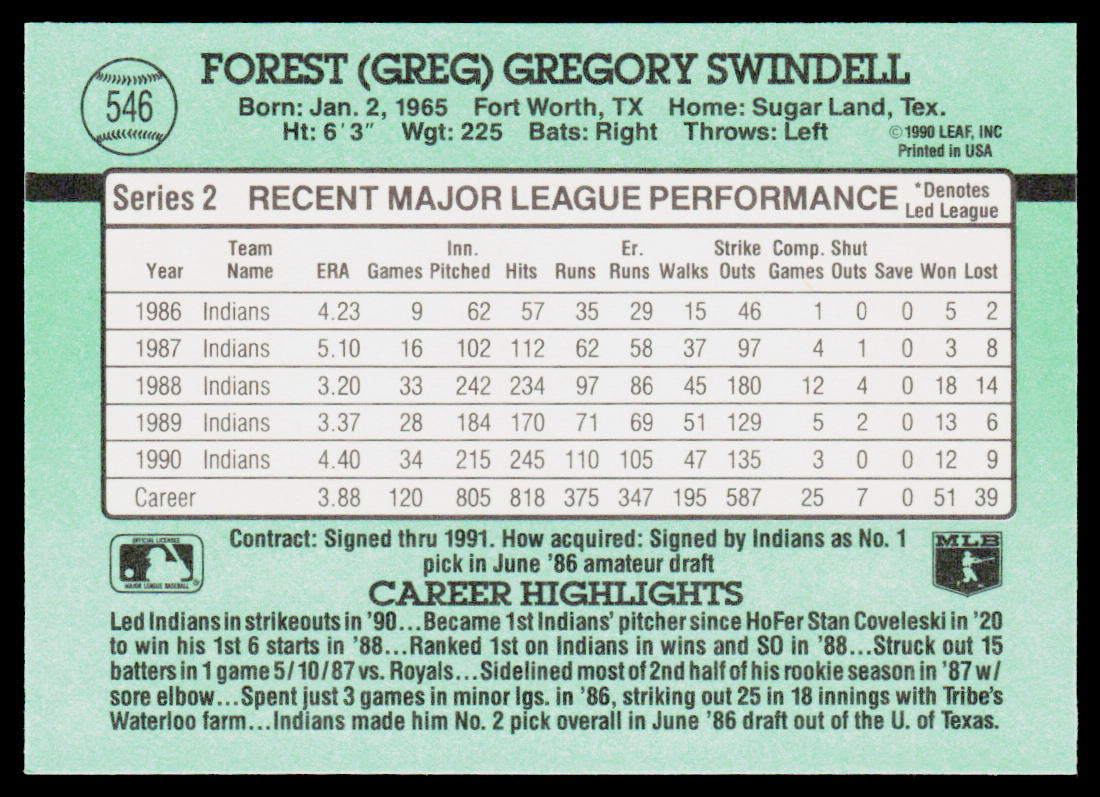 Greg Swindell 1991 Donruss #546 Cleveland Indians