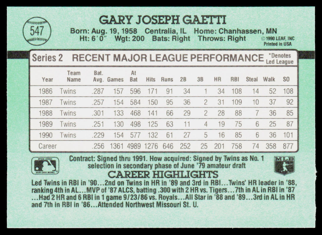 Gary Gaetti 1991 Donruss #547b Minnesota Twins