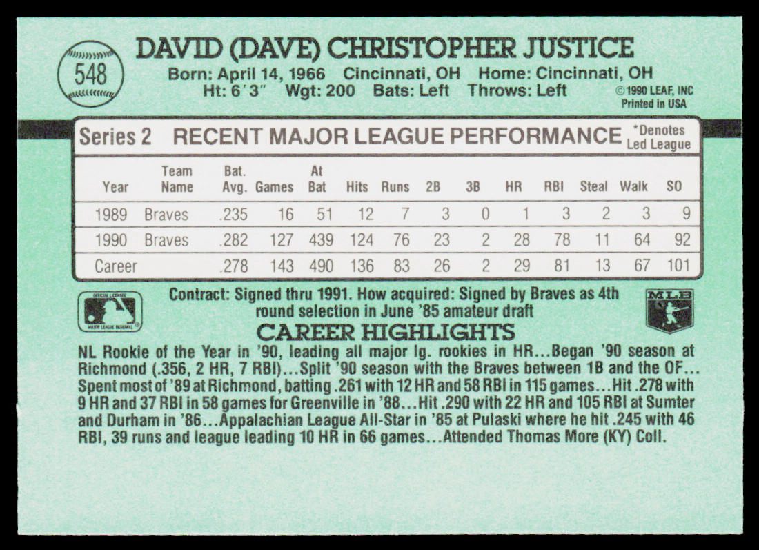 Dave Justice 1991 Donruss #548 Atlanta Braves