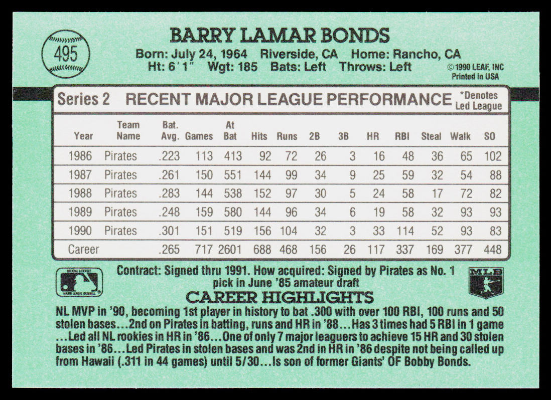Barry Bonds 1991 Donruss #495 Pittsburgh Pirates
