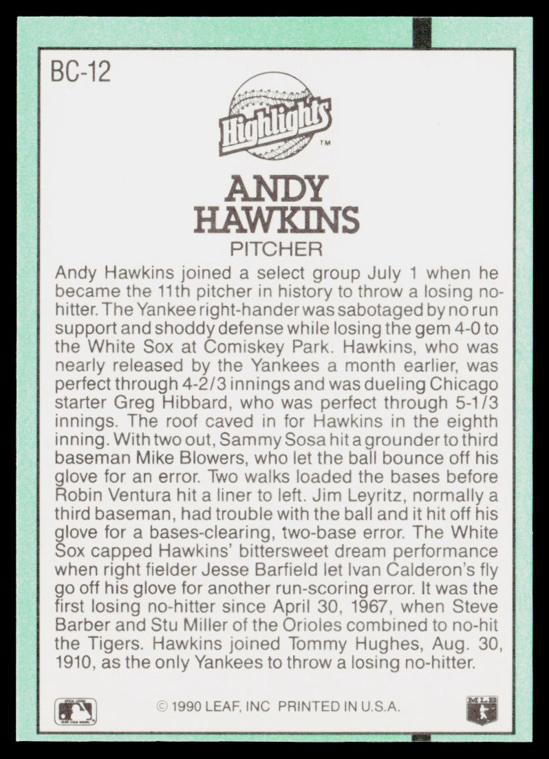 Andy Hawkins 1991 Donruss Bonus Cards #BC-12c New York Yankees