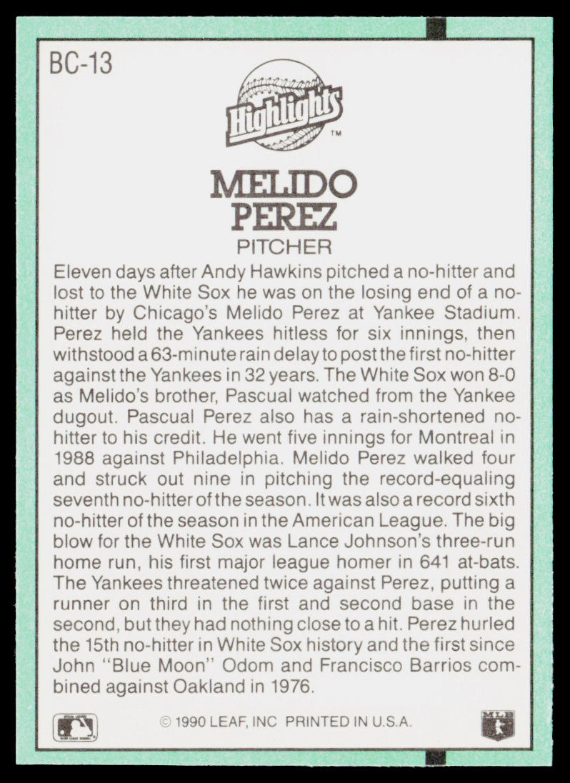 Melido Perez 1991 Donruss Bonus Cards #BC-13 Chicago White Sox