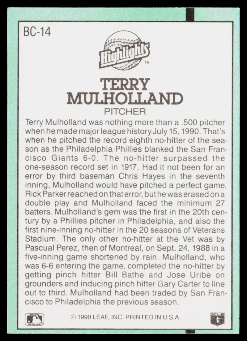 Terry Mulholland 1991 Donruss Bonus Cards #BC-14 Philadelphia Phillies