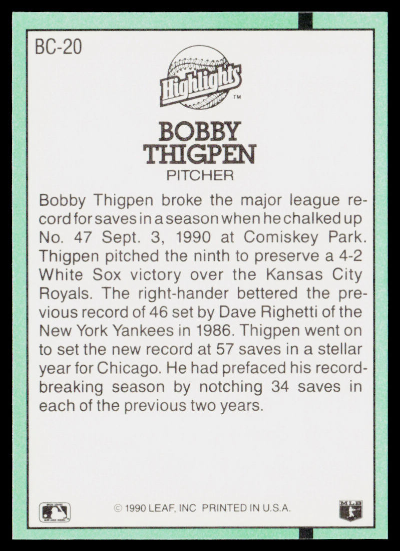 Bobby Thigpen 1991 Donruss Bonus Cards #BC-20 Chicago White Sox