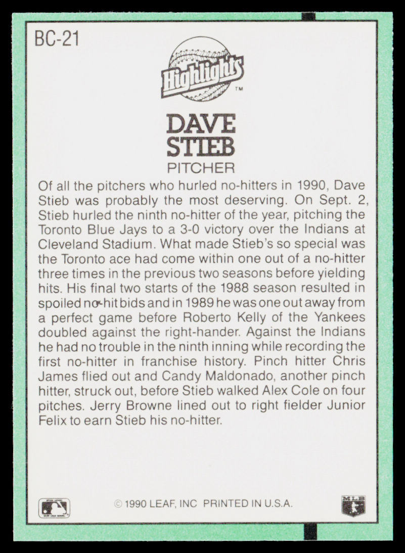 Dave Stieb 1991 Donruss Bonus Cards #BC-21b Toronto Blue Jays