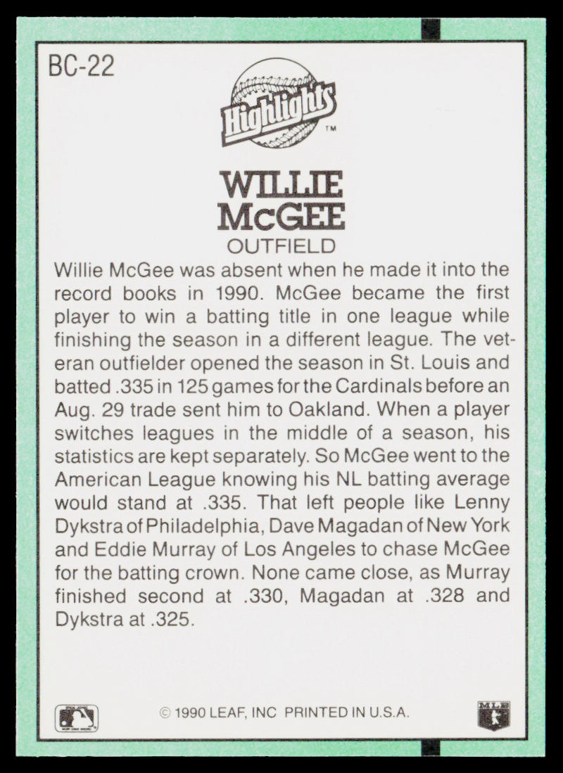 Willie McGee 1991 Donruss Bonus Cards #BC-22 Oakland Athletics