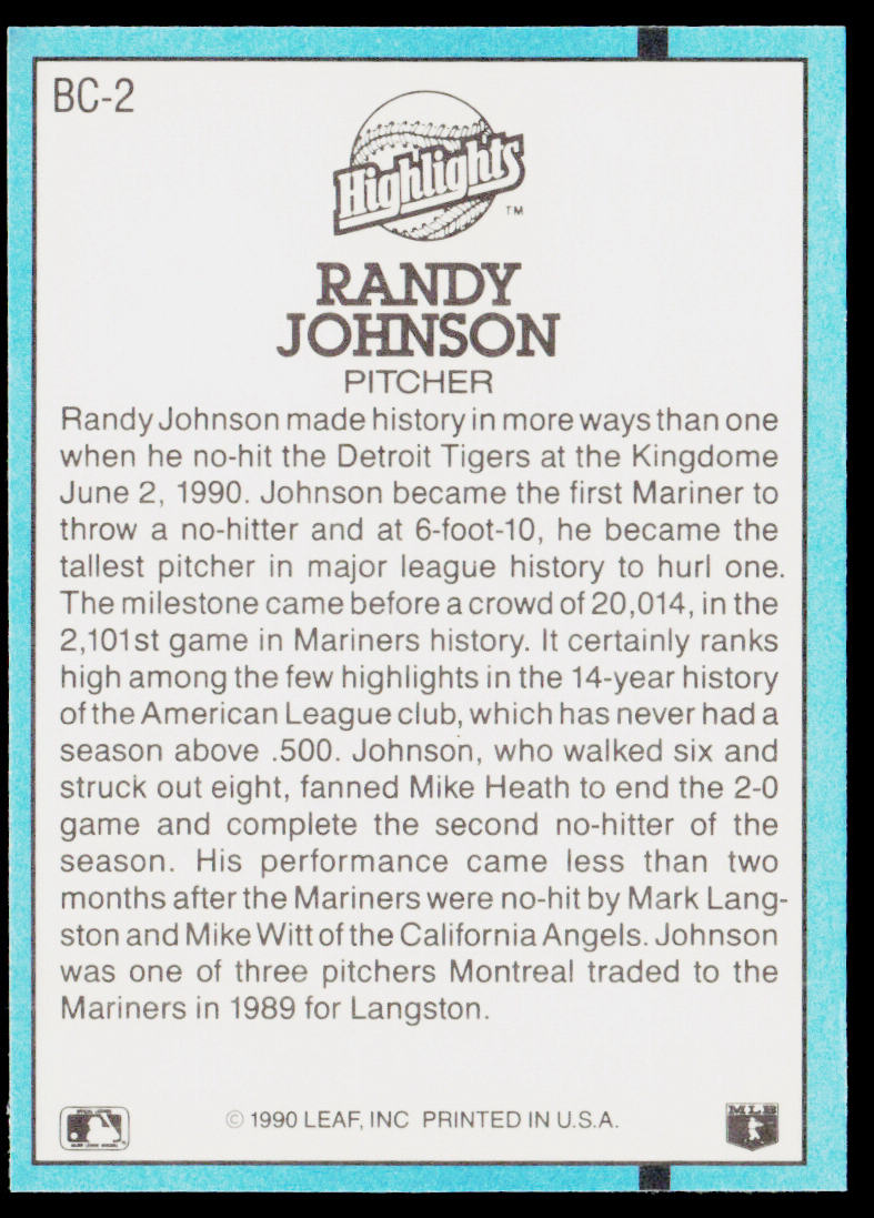 Randy Johnson 1991 Donruss Bonus Cards #BC-2b Seattle Mariners