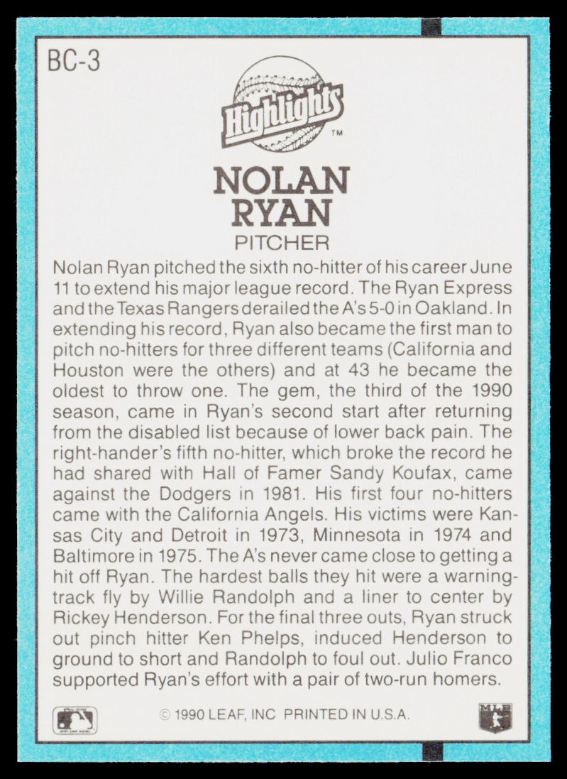Nolan Ryan 1991 Donruss Bonus Cards #BC-3 Texas Rangers