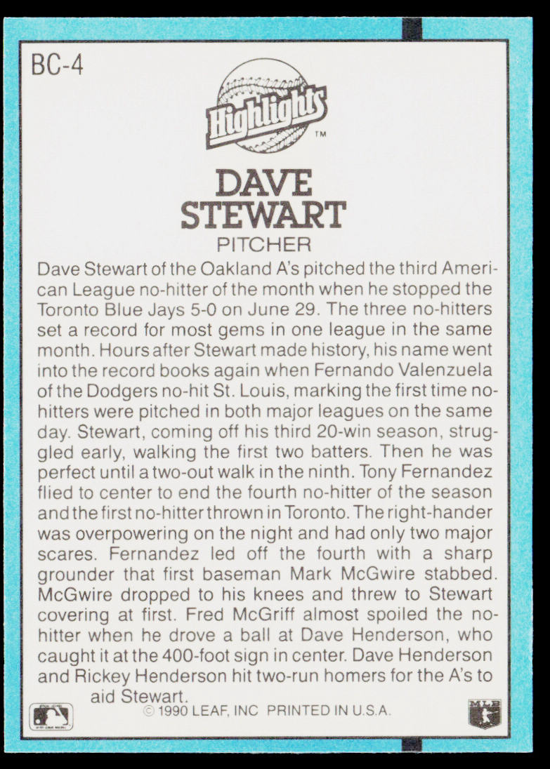 Dave Stewart 1991 Donruss Bonus Cards #BC-4 Oakland Athletics