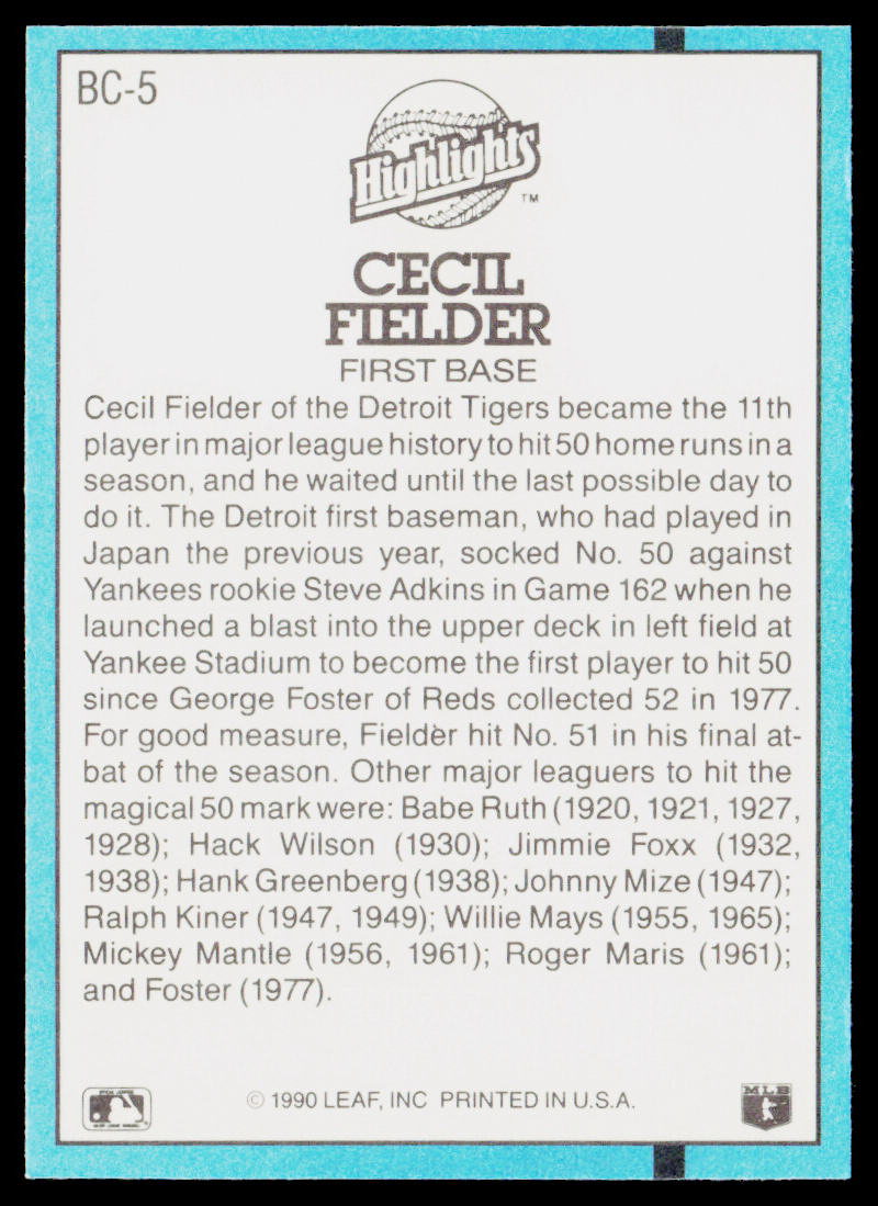 Cecil Fielder 1991 Donruss Bonus Cards #BC-5 Detroit Tigers