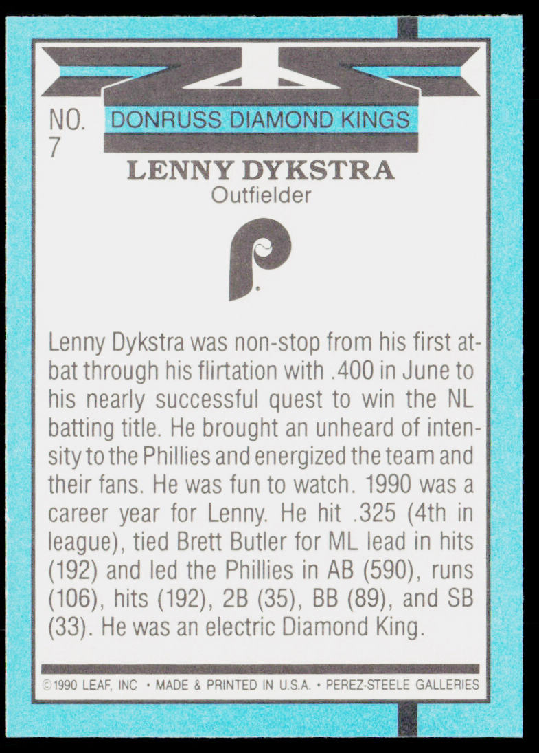 Len Dykstra 1991 Donruss #7b Philadelphia Phillies
