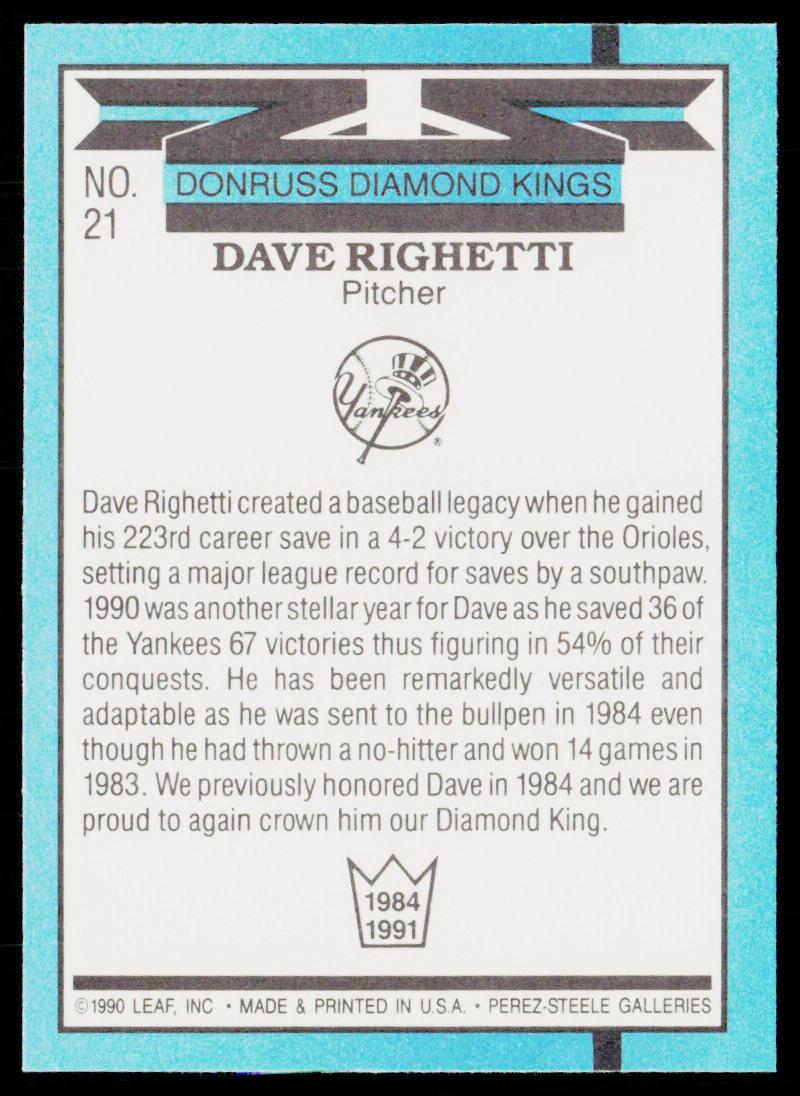 Dave Righetti 1991 Donruss Super Diamond Kings #21 New York Yankees