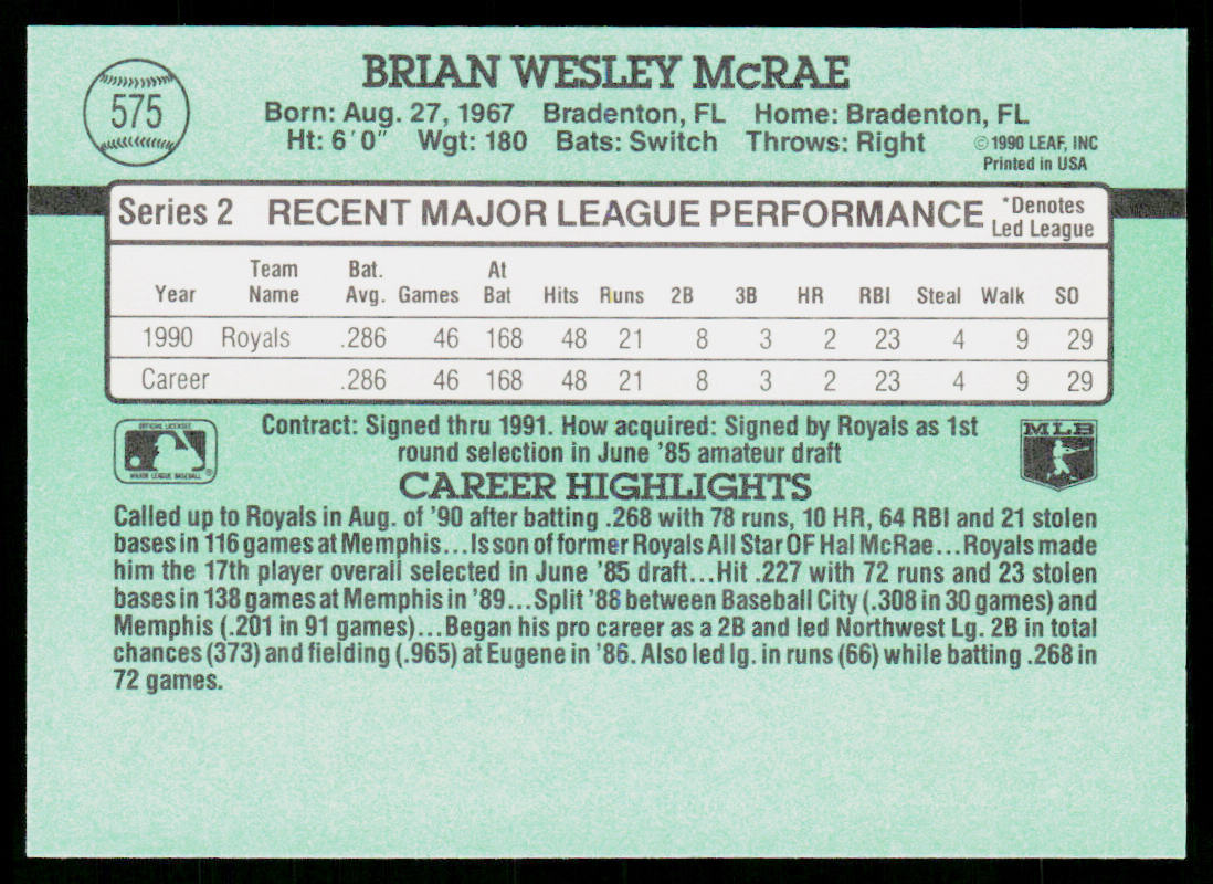 Brian McRae 1991 Donruss #575 RC Kansas City Royals