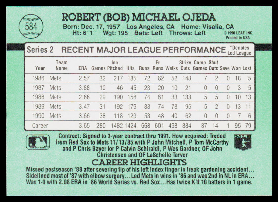 Bob Ojeda 1991 Donruss #584b New York Mets