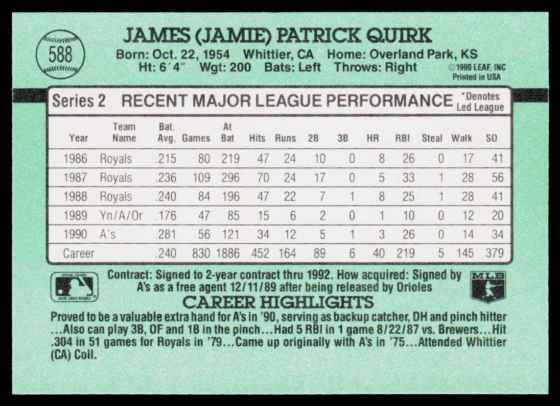 Jamie Quirk 1991 Donruss #588 Oakland Athletics
