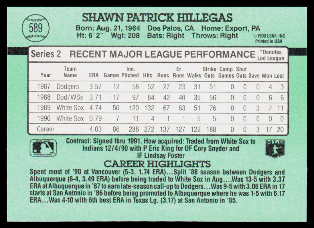 Shawn Hillegas 1991 Donruss #589 Chicago White Sox