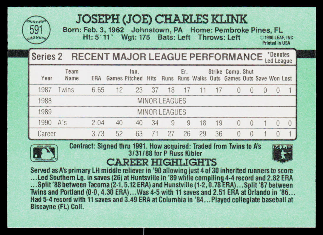 Joe Klink 1991 Donruss #591 Oakland Athletics