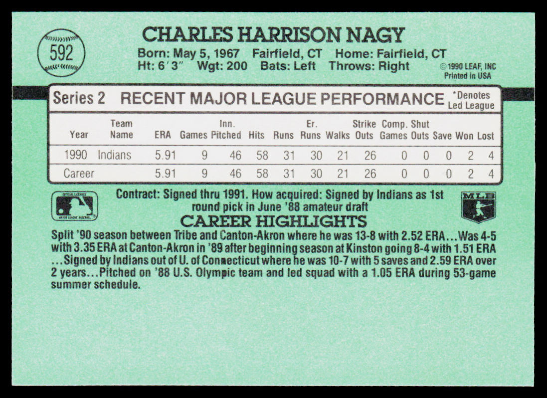 Charles Nagy 1991 Donruss #592b Cleveland Indians