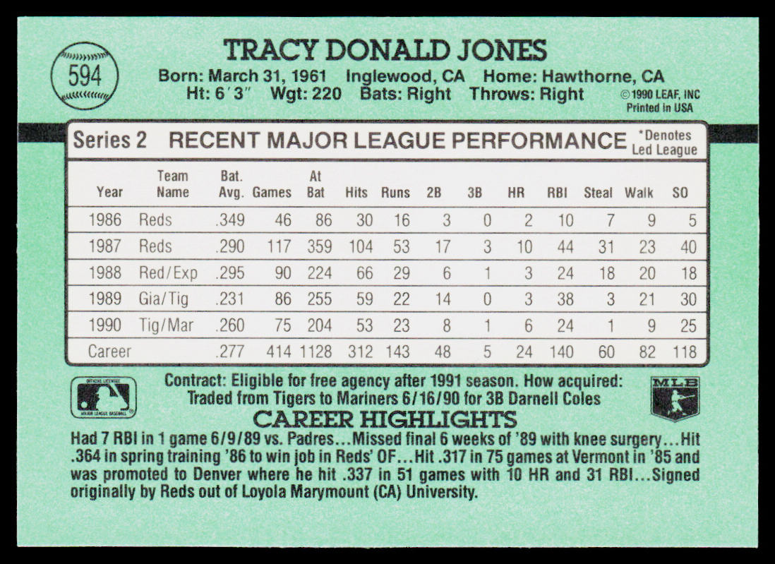 Tracy Jones 1991 Donruss #594 Seattle Mariners