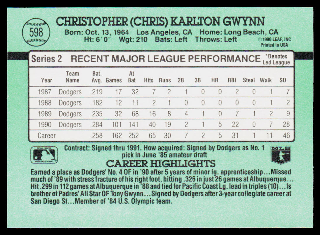 Chris Gwynn 1991 Donruss #598c Los Angeles Dodgers