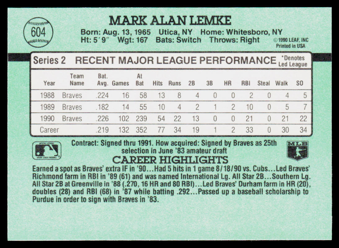Mark Lemke 1991 Donruss #604 Atlanta Braves