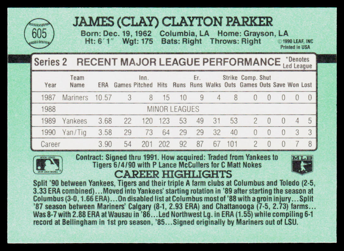Clay Parker 1991 Donruss #605c Detroit Tigers