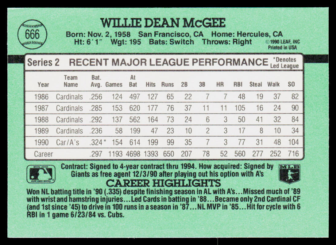 Willie McGee 1991 Donruss #666b Oakland Athletics