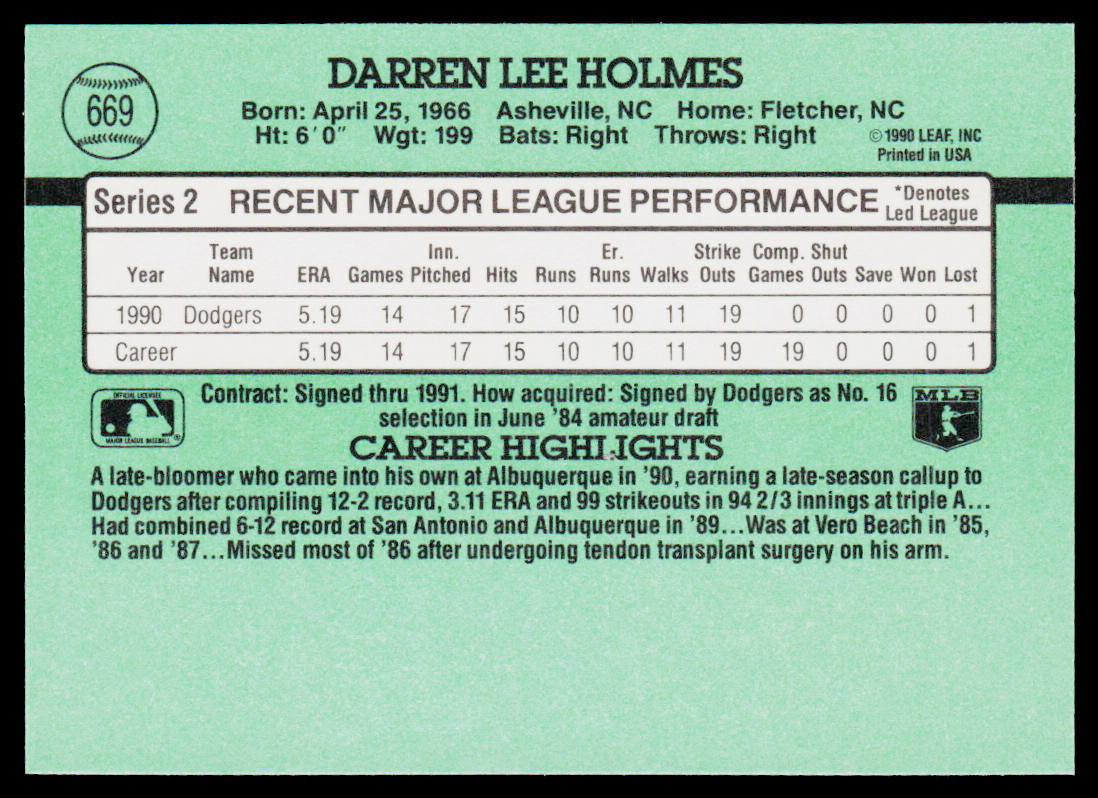 Darren Holmes 1991 Donruss #669 RC Los Angeles Dodgers