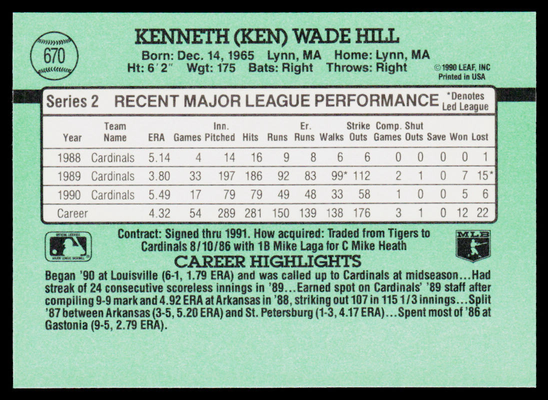 Ken Hill 1991 Donruss #670b St. Louis Cardinals