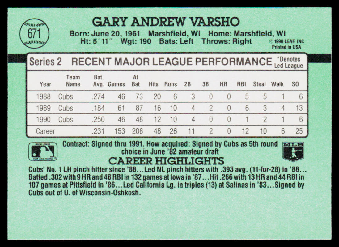 Gary Varsho 1991 Donruss #671c Chicago Cubs
