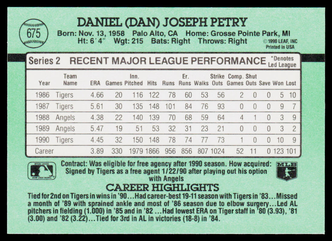 Dan Petry 1991 Donruss #675c Detroit Tigers