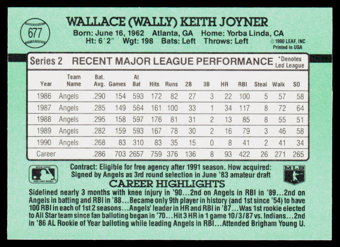 Wally Joyner 1991 Donruss #677b California Angels