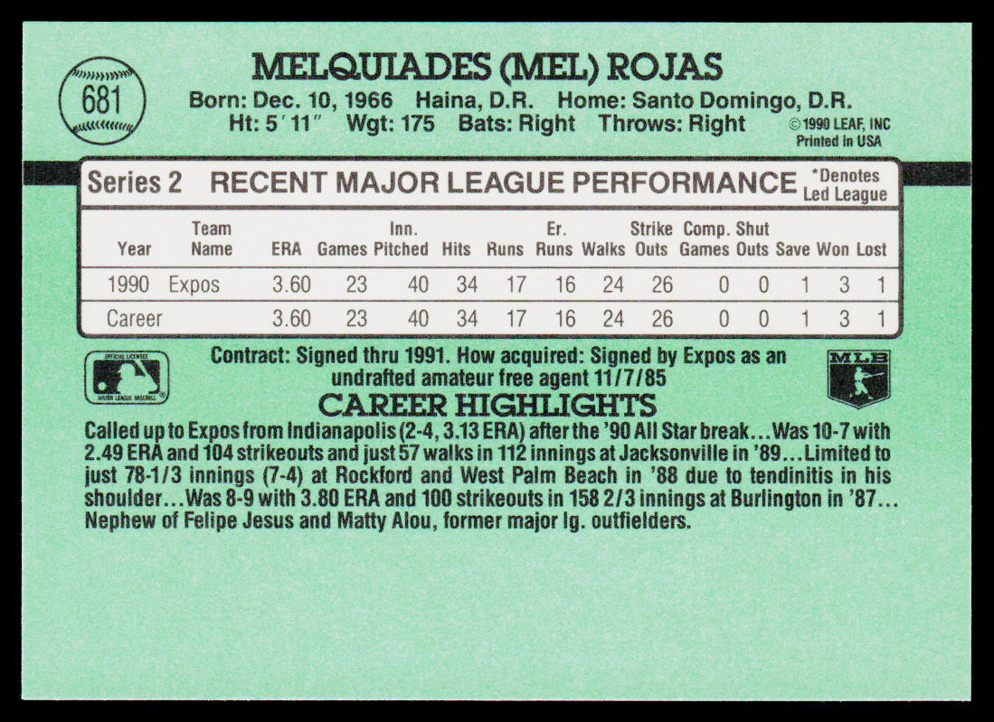 Mel Rojas 1991 Donruss #681b Montreal Expos