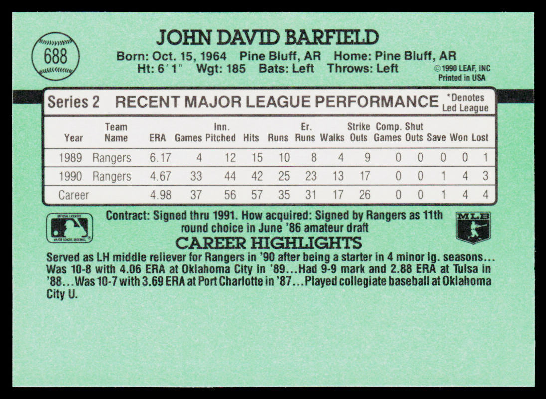 John Barfield 1991 Donruss #688b RC Texas Rangers
