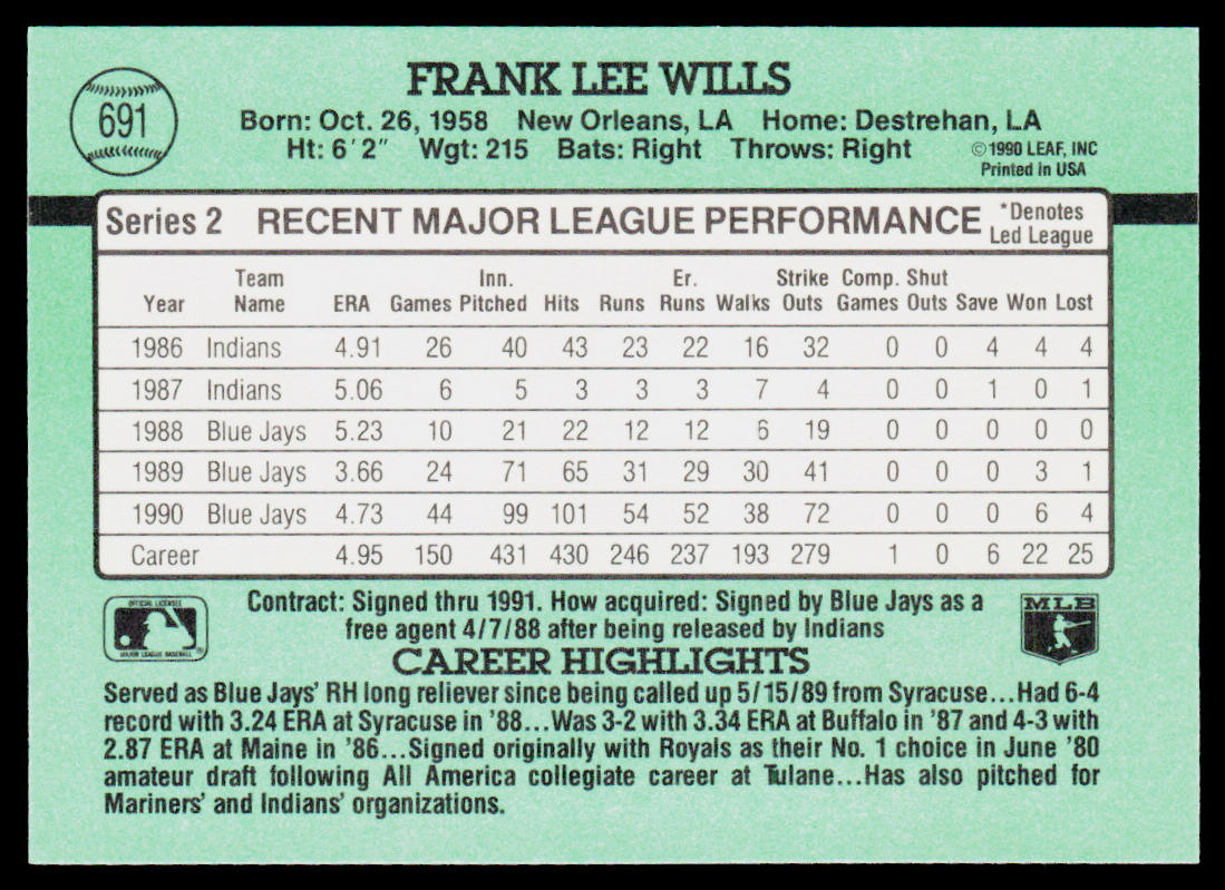 Frank Wills 1991 Donruss #691 Toronto Blue Jays