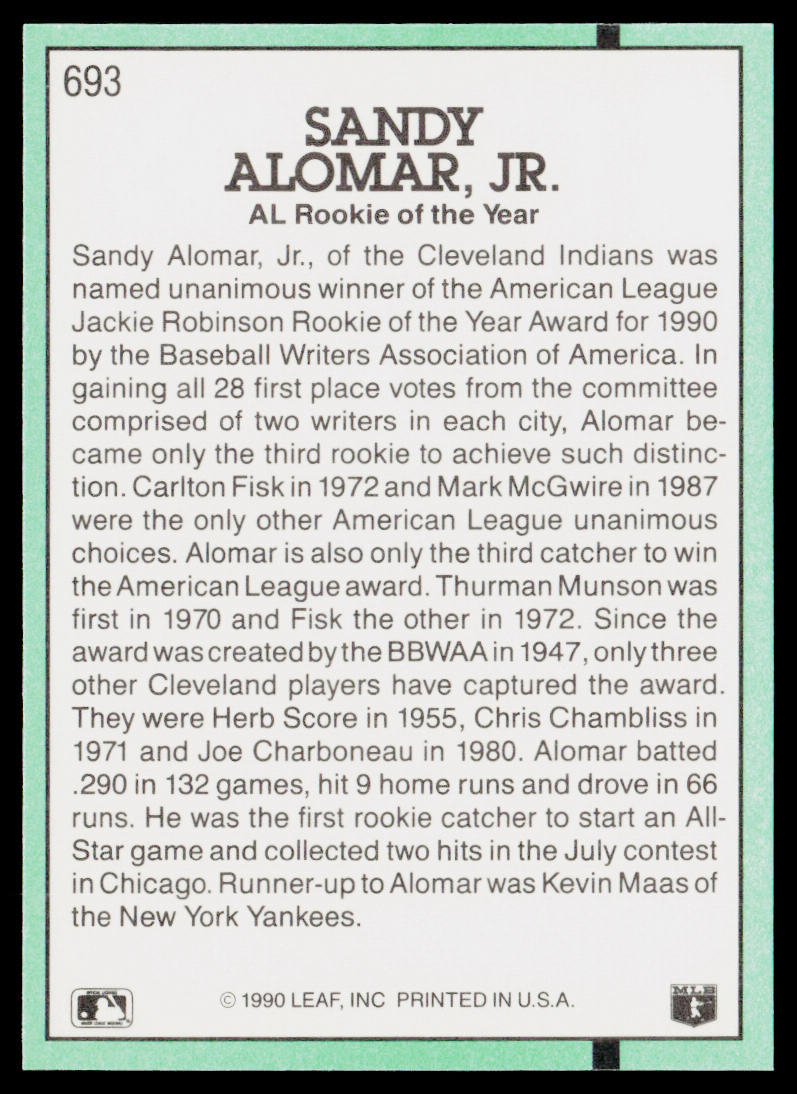 Sandy Alomar Jr. 1991 Donruss #693 Cleveland Indians