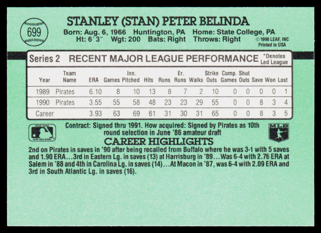 Stan Belinda 1991 Donruss #699 Pittsburgh Pirates