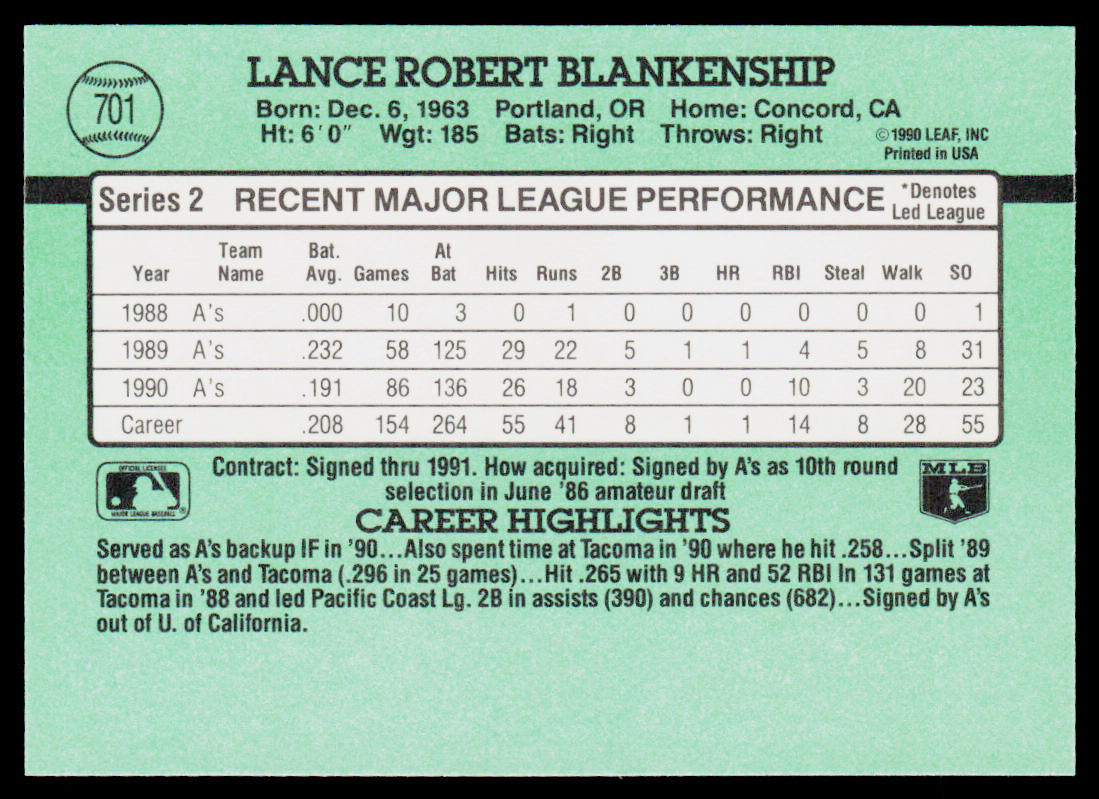 Lance Blankenship 1991 Donruss #701b Oakland Athletics