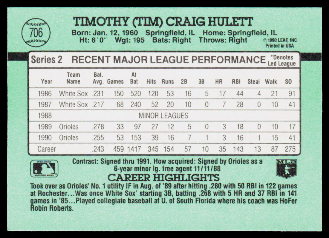 Tim Hulett 1991 Donruss #706b Baltimore Orioles