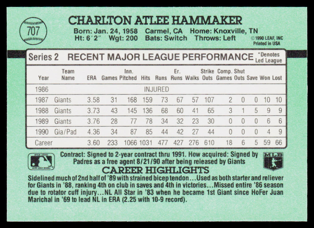 Atlee Hammaker 1991 Donruss #707b San Diego Padres
