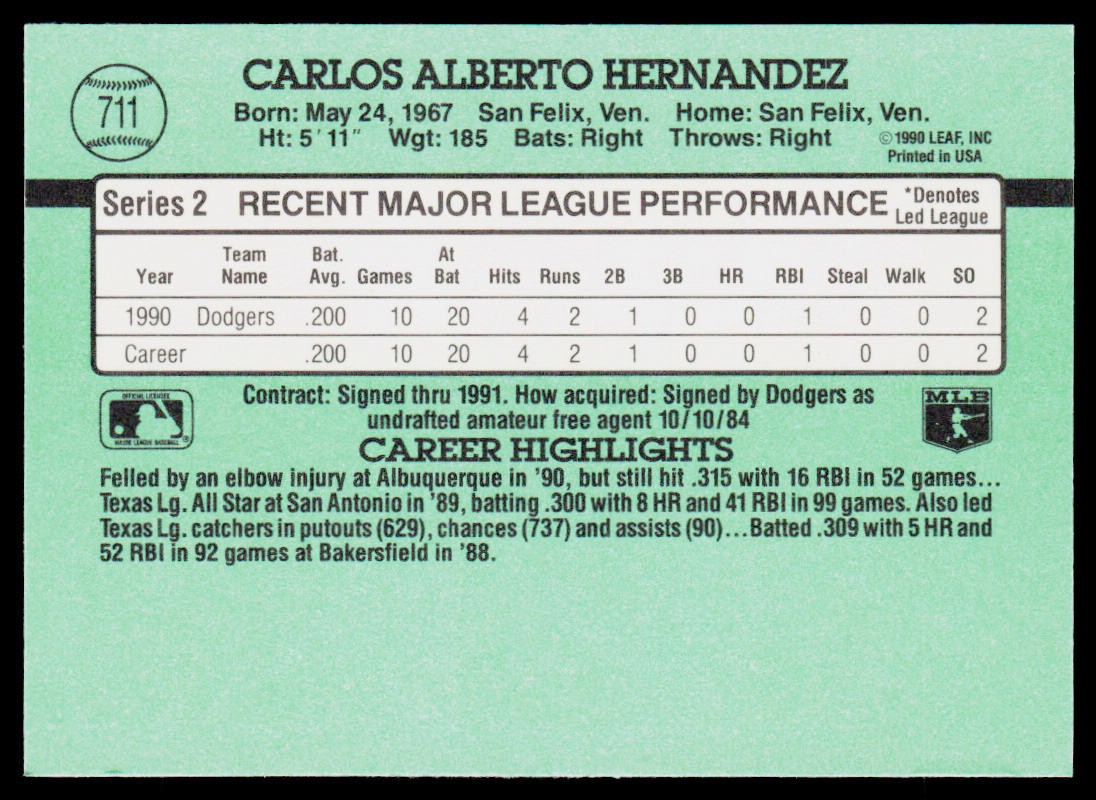Carlos Hernandez 1991 Donruss #711 RC Los Angeles Dodgers